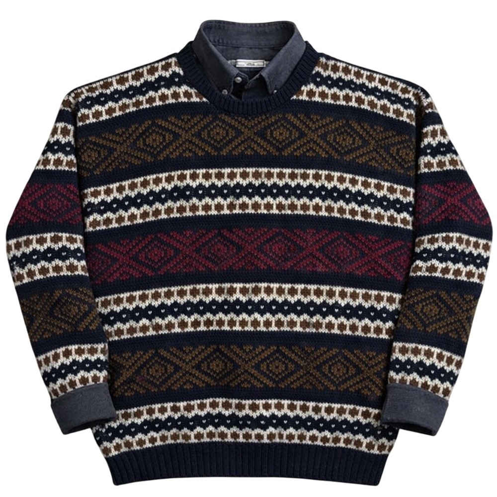 90s Fair Isle Sweater Boxy Fit Grandpa Core Streetwear Vintage Ski Lodge Knit XL